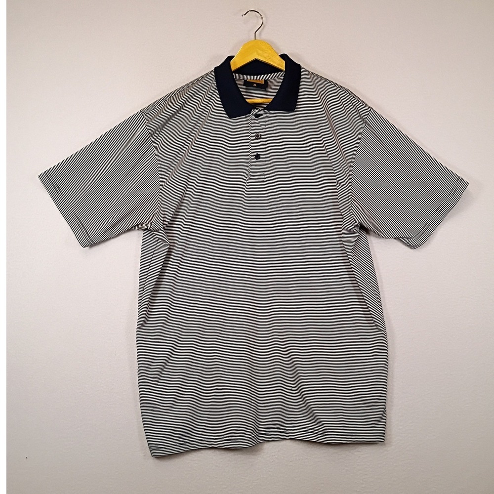 Classic Preppy Vertical Sport Mens XL Navy White Micro Stripe Short Sleeve Polo